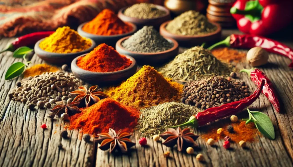 An assortment of vibrant spices and herbs arranged on a rustic wooden surface, featuring mounds of colorful powders, whole seeds, and dried chilies, with an array of aromatic star anise and peppercorns.