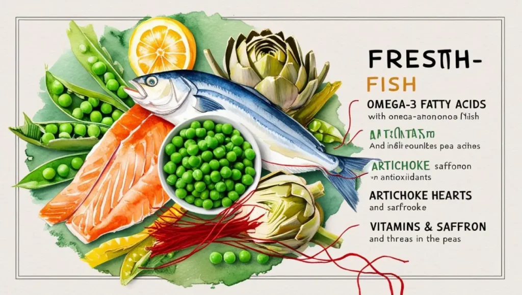 A vibrant illustration of fresh ingredients for a fish tagine, including a whole fish, salmon fillet, peas, artichokes, lemon slices, saffron threads, and text highlighting the nutritional benefits like omega-3 fatty acids and antioxidants.