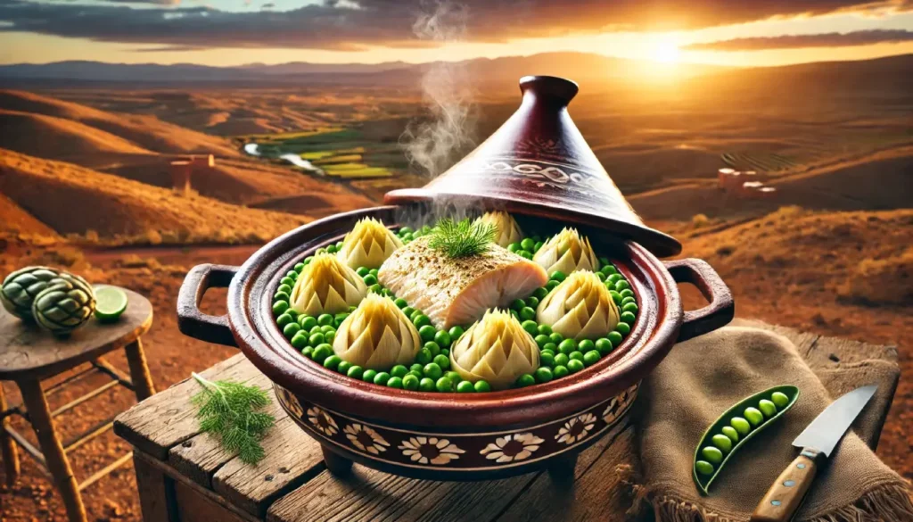 A traditional Moroccan tagine filled with fish, artichoke hearts, and peas, steaming in the golden light of a sunset over a scenic desert landscape.