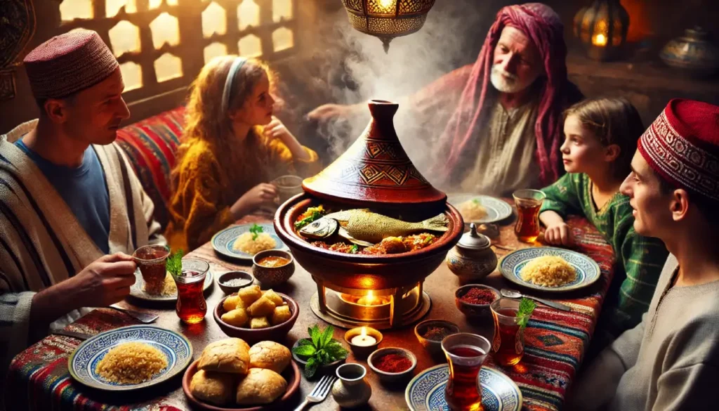 A Moroccan family gathered around a table enjoying a steaming fish tagine, with colorful dishes, bread, and mint tea, set against a warm and traditional ambiance illuminated by ornate lanterns.