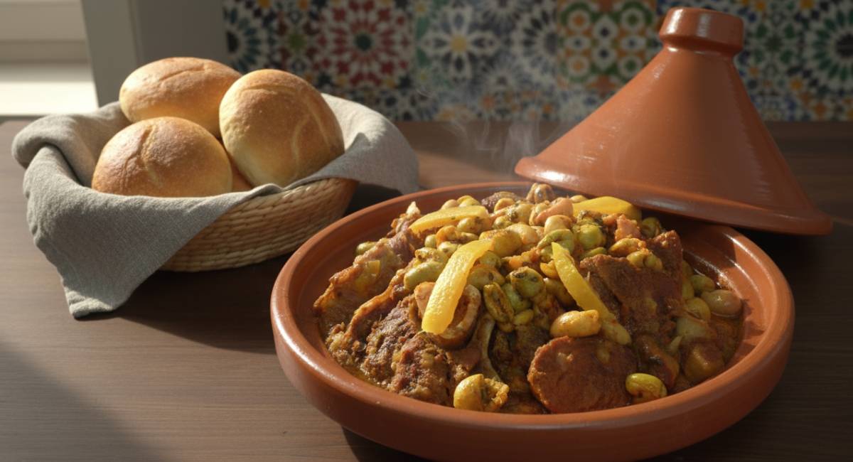 Steaming Moroccan beef tagine with preserved lemons and olives in a clay pot next to bread.