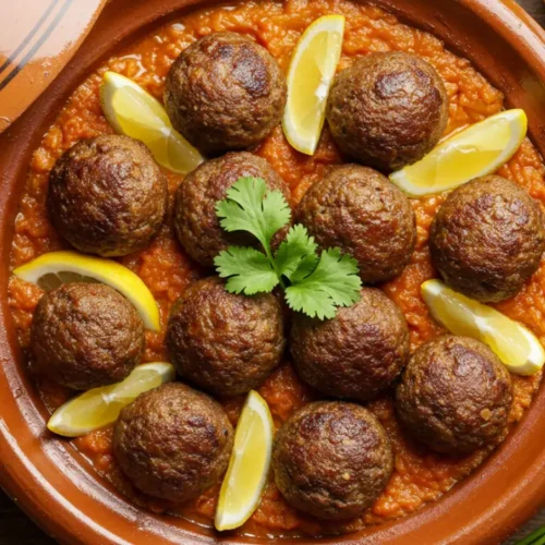 Moroccan meatballs simmering in a rich tomato sauce within a traditional tagine.