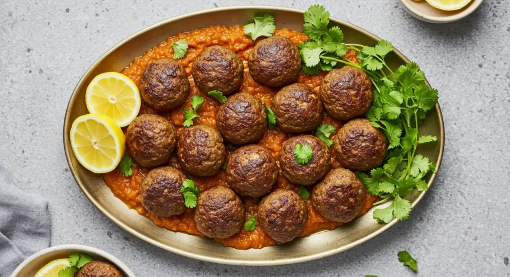 Overhead view of a platter of Moroccan meatballs served with a vibrant tomato sauce, garnished with cilantro and lemon.
