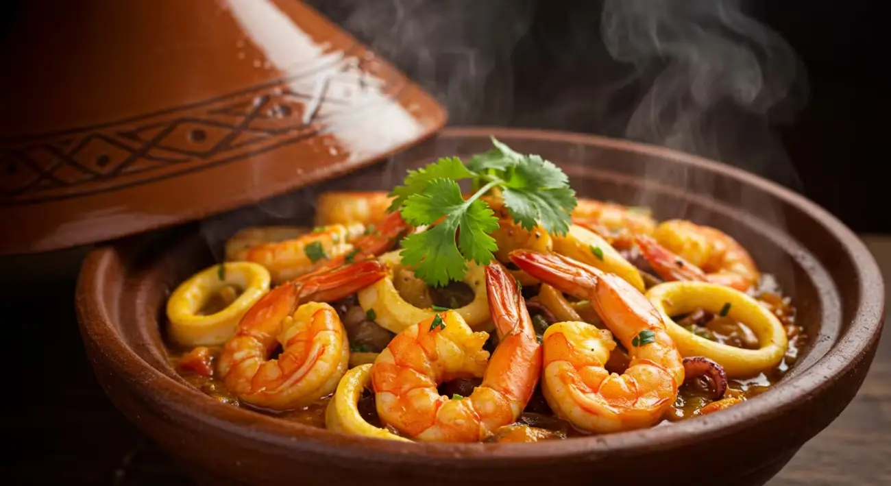 Fish food recipe. Overhead view of various Moroccan spices and herbs arranged around a traditional tagine lid on a dark wooden surface.