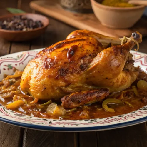 A beautifully roasted Moroccan chicken served on a traditional plate, seasoned with Tajin spices, and surrounded by rich sauce with onions and spices, evoking the essence of Moroccan cuisine.