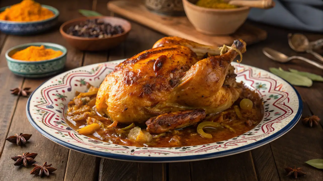 A beautifully roasted Moroccan chicken served on a traditional plate, seasoned with Tajin spices, and surrounded by rich sauce with onions and spices, evoking the essence of Moroccan cuisine.