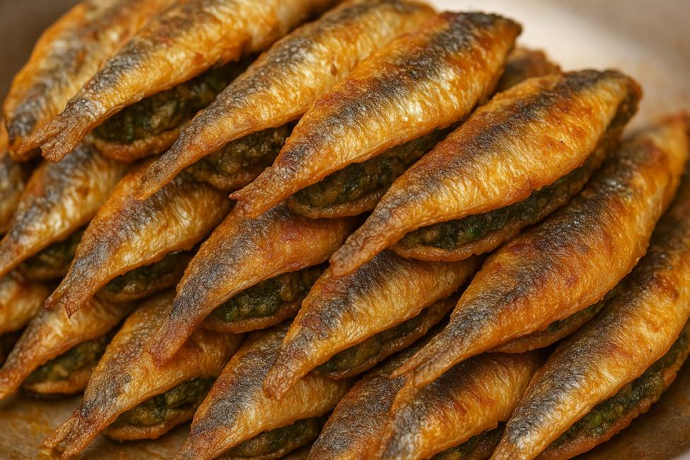 A traditional Moroccan fish dishes showing golden fried sardines stuffed with chermoula, arranged side by side on a serving plate.