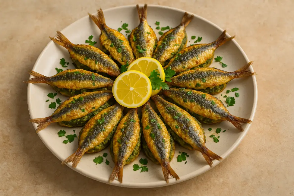 Moroccan fish dishes, stuffed sardines arranged in a traditional circular pattern, golden and crisp, with tails aligned properly and filled with chermoula.