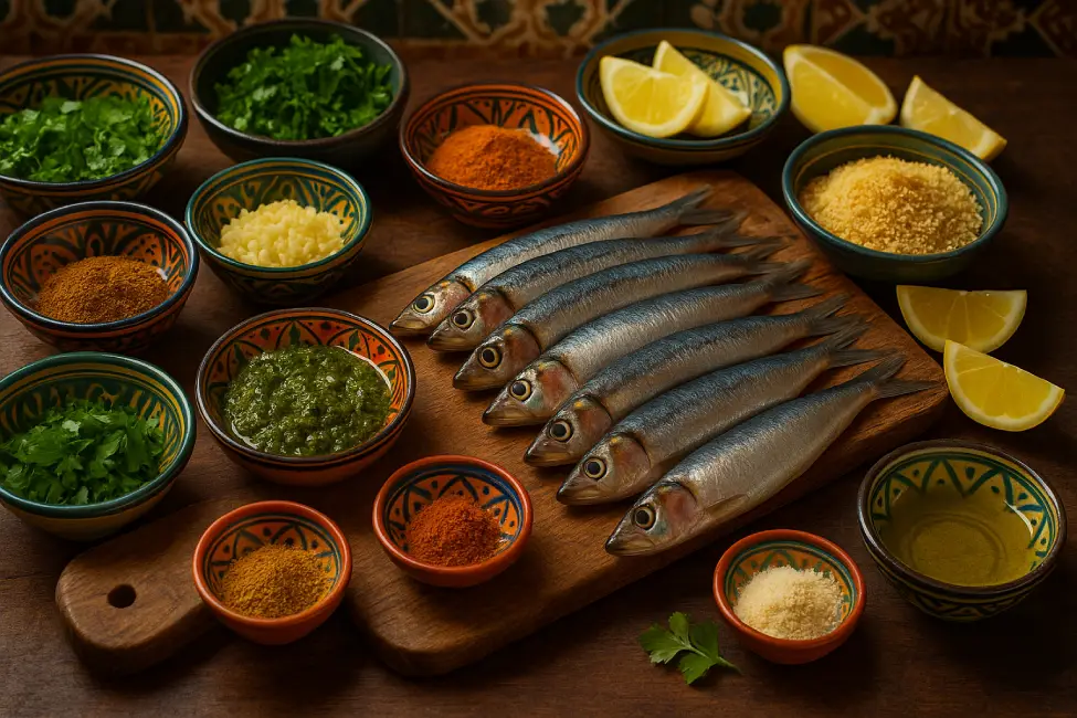 Moroccan fish dishes, Fresh sardines, Moroccan spices, herbs, garlic, lemon, and olive oil arranged on a rustic kitchen surface, ready for chermoula preparation.