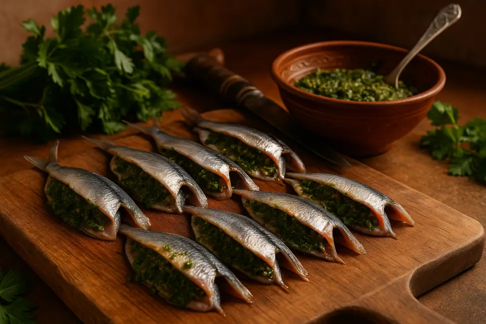 Moroccan fish dishes, Freshly prepared Moroccan sardines stuffed with chermoula, arranged in pairs and ready for frying on a traditional kitchen surface.