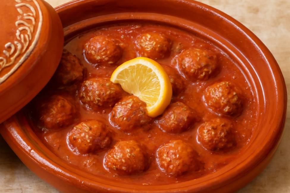 Moroccan meatballs simmering in a rich tomato sauce within a traditional tagine.