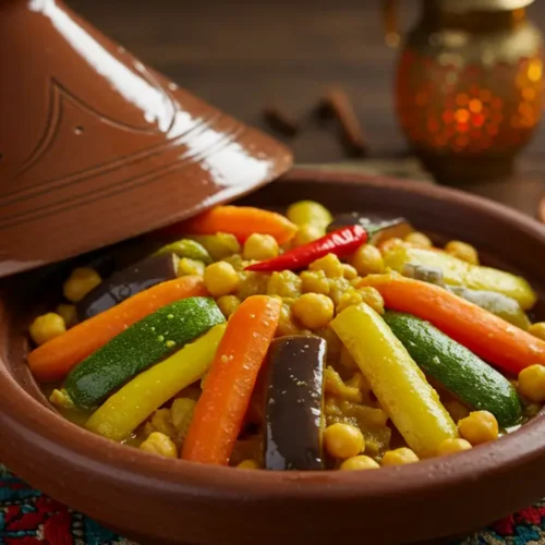 A flavorful vegetable tagine, freshly prepared in a traditional Moroccan tagine pot