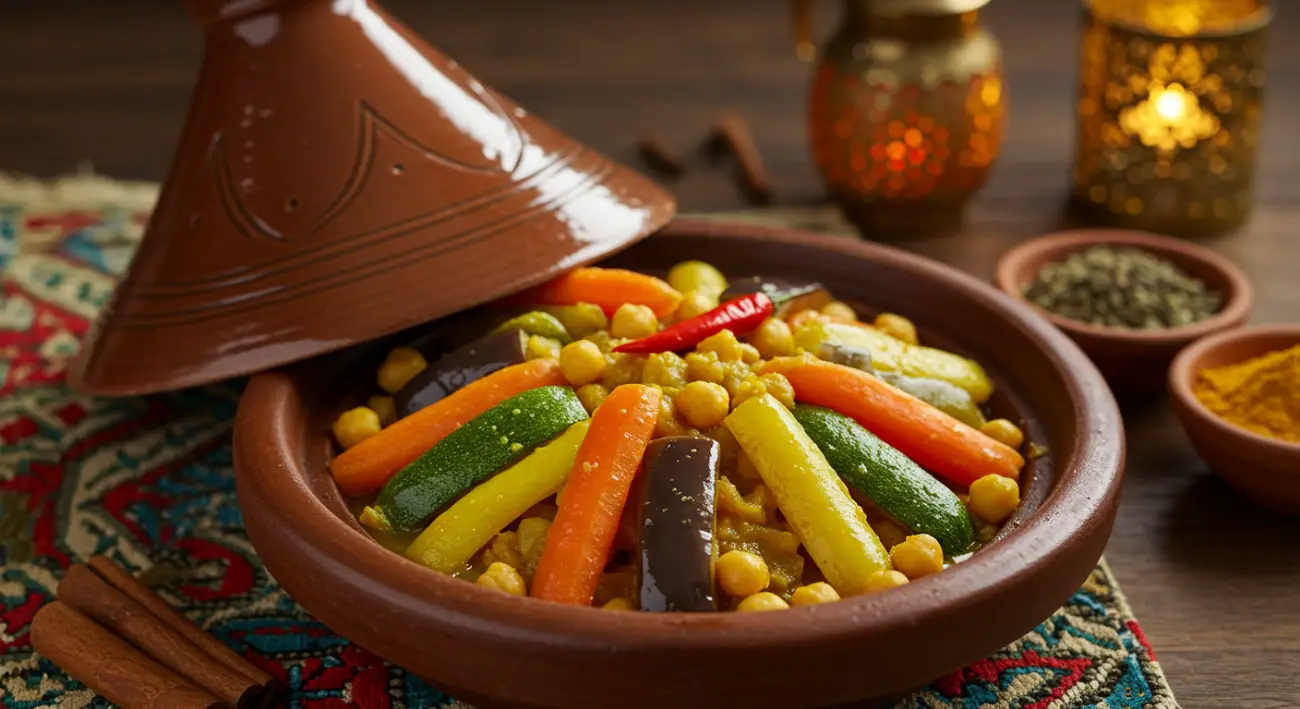 A flavorful vegetable tagine, freshly prepared in a traditional Moroccan tagine pot