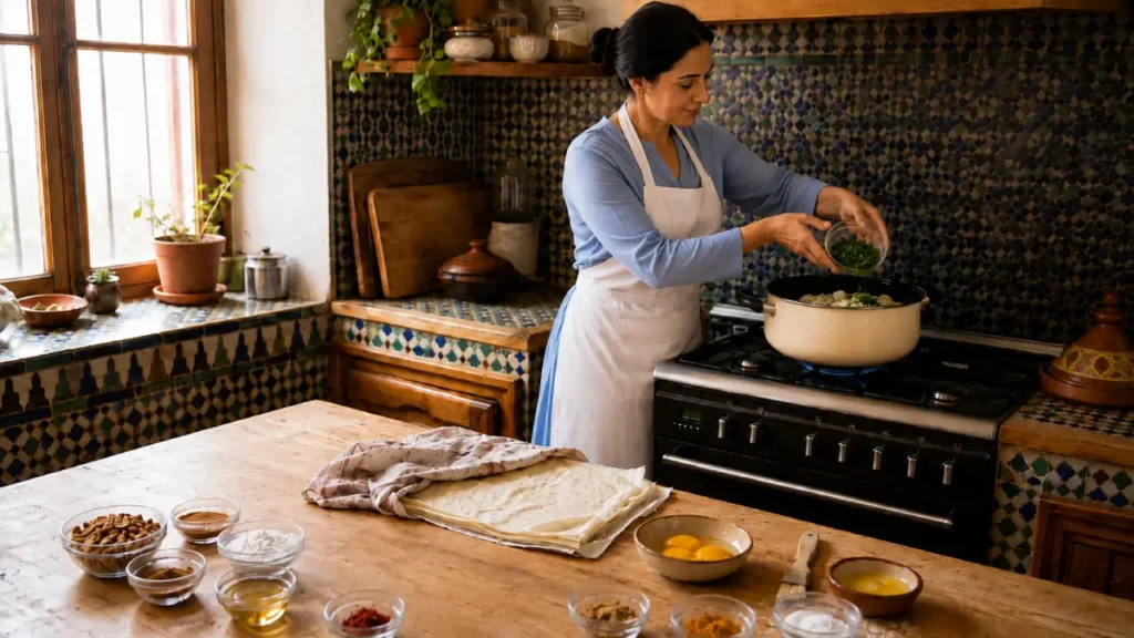 Woman adding finely chopped parsley to the pot for Moroccan Bastilla