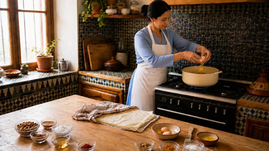 Woman adding one egg at a time to the pot for Moroccan Bastilla