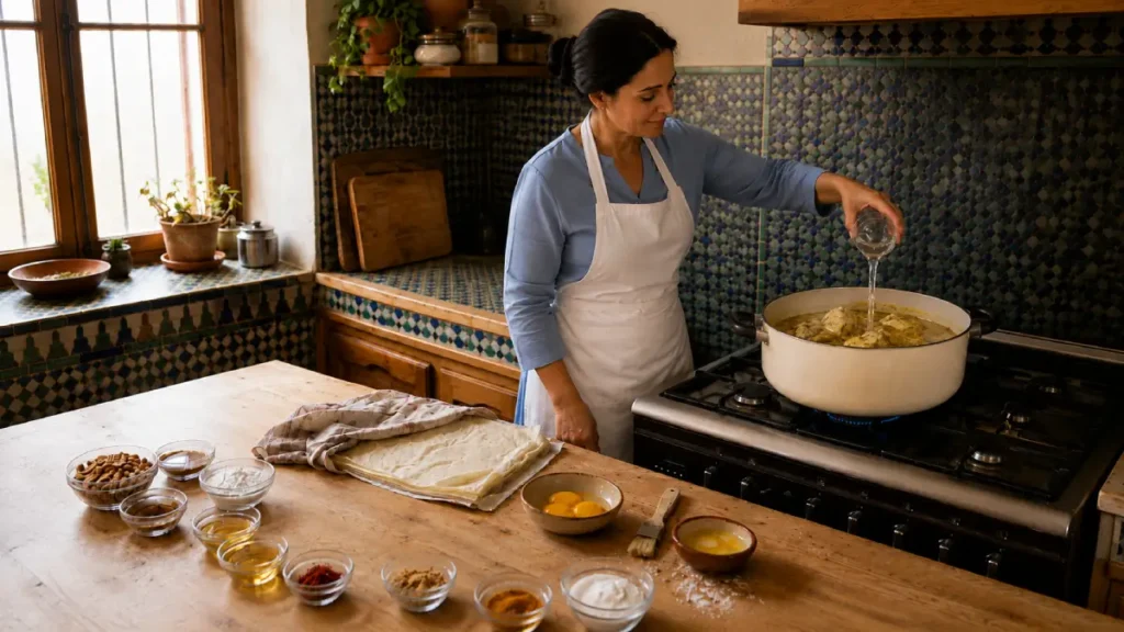 Woman pouring water into the pot for Moroccan Bastilla