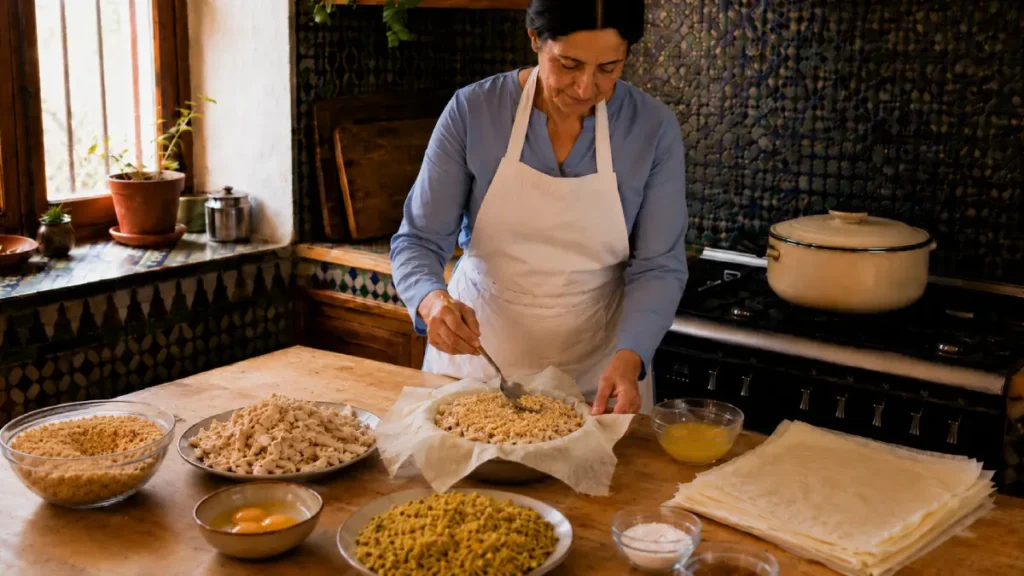 Woman spreading the almond layer over the filling for an individual Moroccan Bastilla