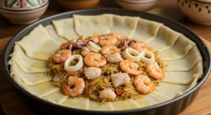 Layers of phyllo dough being filled with Moroccan seafood bastilla ingredients.