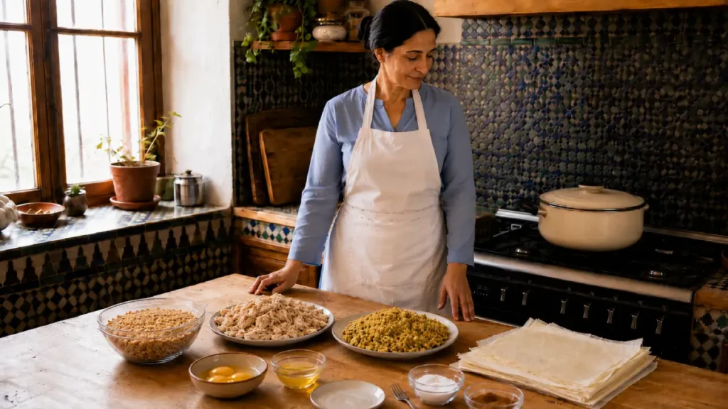 Ingredients prepared on the table for assembling individual Moroccan Bastilla