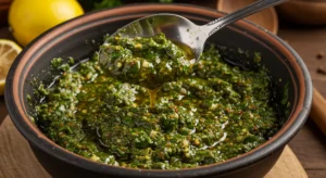 A bowl of charmoula marinade with Moroccan spices, preserved lemon, and fresh herbs for bastilla.