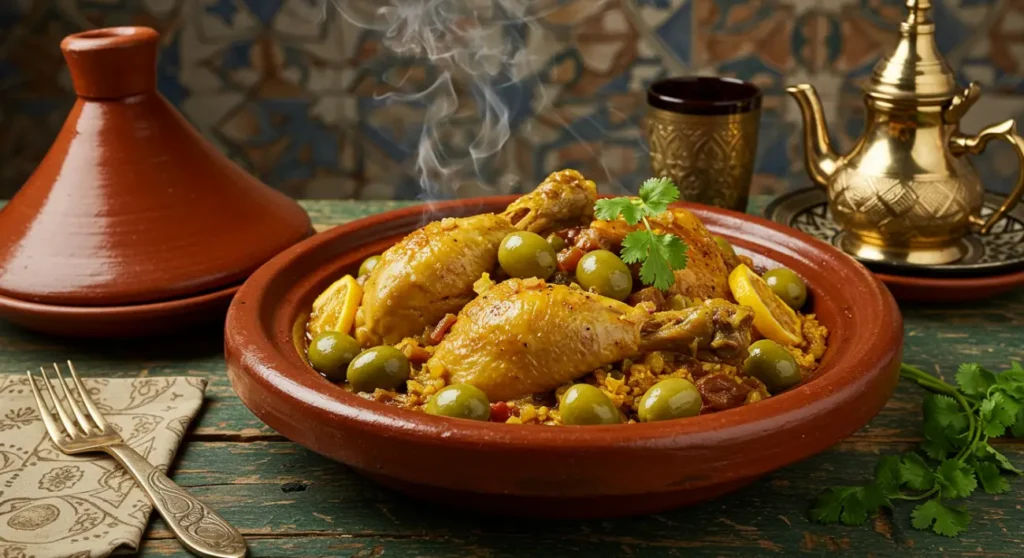 Moroccan recipes. Authentic Moroccan chicken tagine with preserved lemons and olives, served in a traditional clay pot