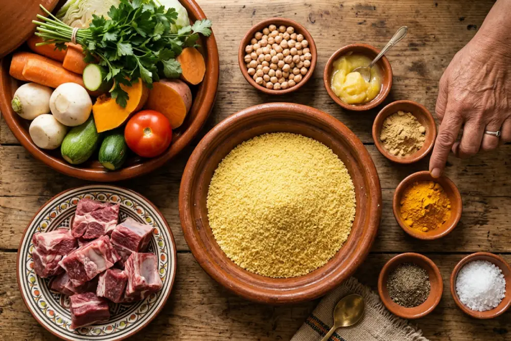 Raw ingredients for a Moroccan couscous including beef, seven vegetables, and dry semolina arranged in rustic ceramic bowls on a wooden table, with a woman's hand pointing at spices.