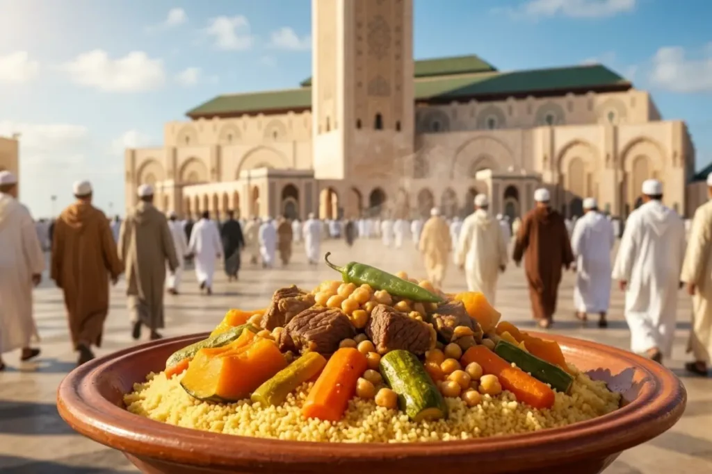 A traditional clay platter of steaming Moroccan couscous with vegetables and beef, with men in djellabas walking toward the Hassan II Mosque for Friday prayer in the background.