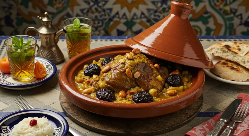 Moroccan recipes. Traditional Moroccan lamb tagine with prunes and almonds, served in an authentic clay pot.