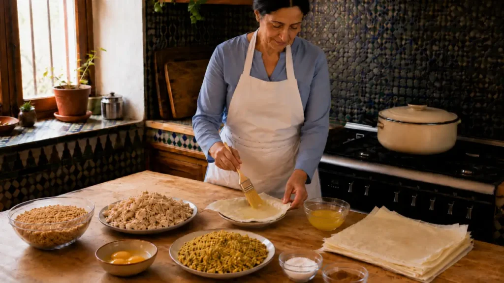 Woman brushing melted butter onto warqa on a small plate for Moroccan Bastilla
