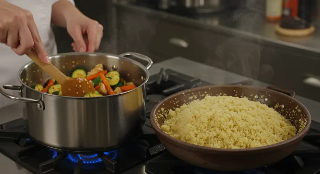 A chef cooking Moroccan couscous in a traditional pot, sautéing chicken and vegetables with fragrant spices.