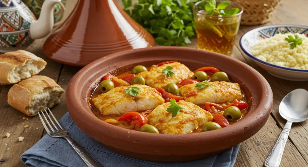 Moroccan recipes. Authentic Moroccan fish tagine with chermoula, olives, and preserved lemons, served in a traditional clay pot.