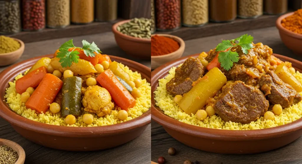 Two variations of Moroccan couscous—one with chicken and vegetables, another with lamb, served with fresh herbs.