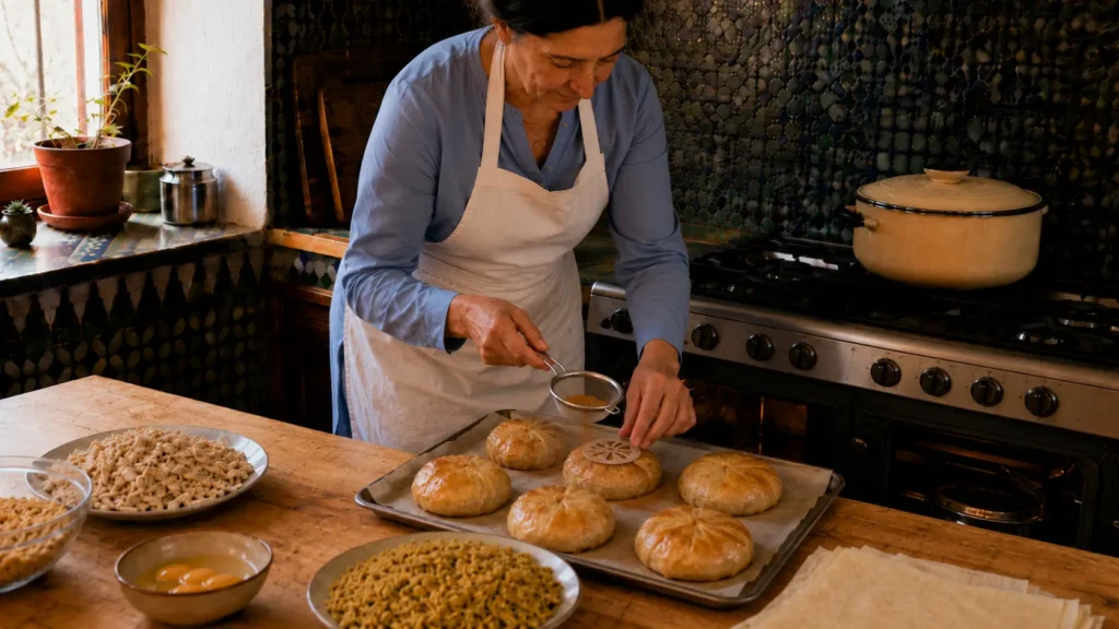 Woman decorating a baked individual Moroccan Bastilla with sugar and cinnamon