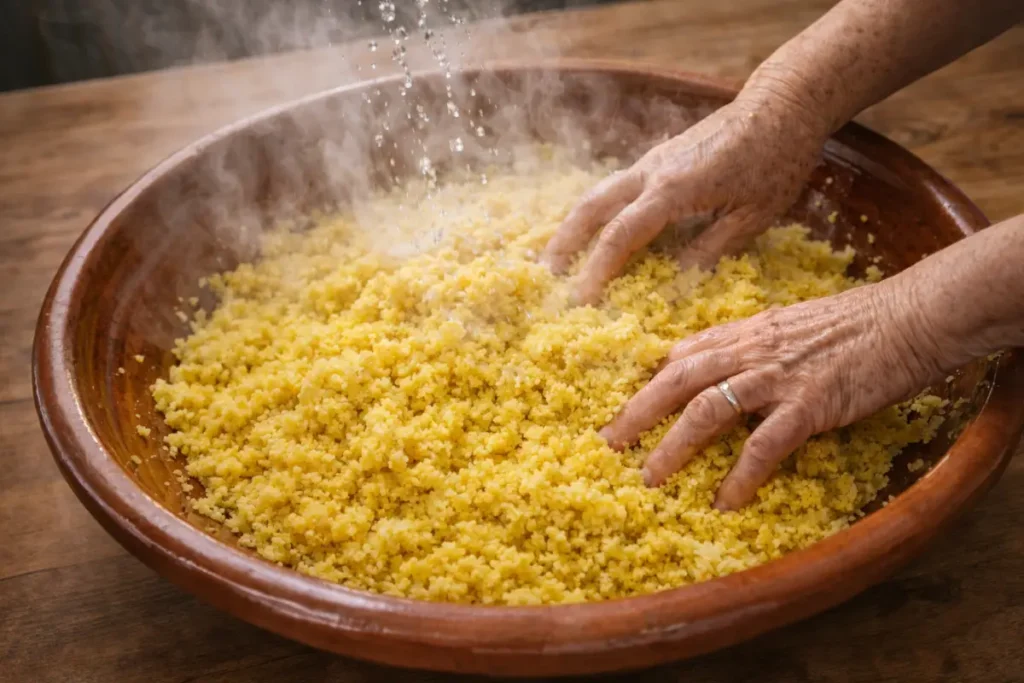 An overhead view of a woman's bare hands breaking apart clumps of hot, steaming yellow moroccan couscous in a large terracotta platter, with water droplets falling on the grains.