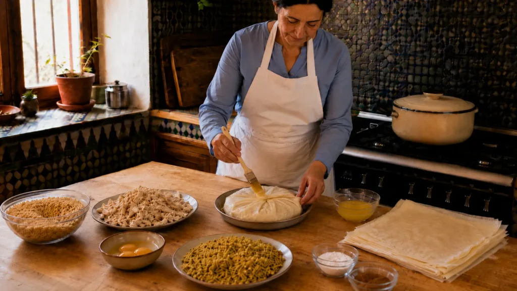 Woman folding and sealing the warqa with egg yolk for an individual Moroccan Bastilla