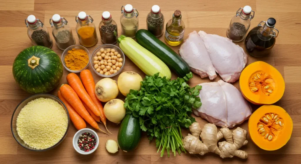 Fresh vegetables, chicken, chickpeas, and spices neatly arranged on a wooden countertop for a Moroccan couscous recipe.