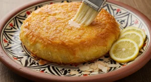 A golden, crispy seafood bastilla fresh out of the oven, garnished with almonds and cinnamon.