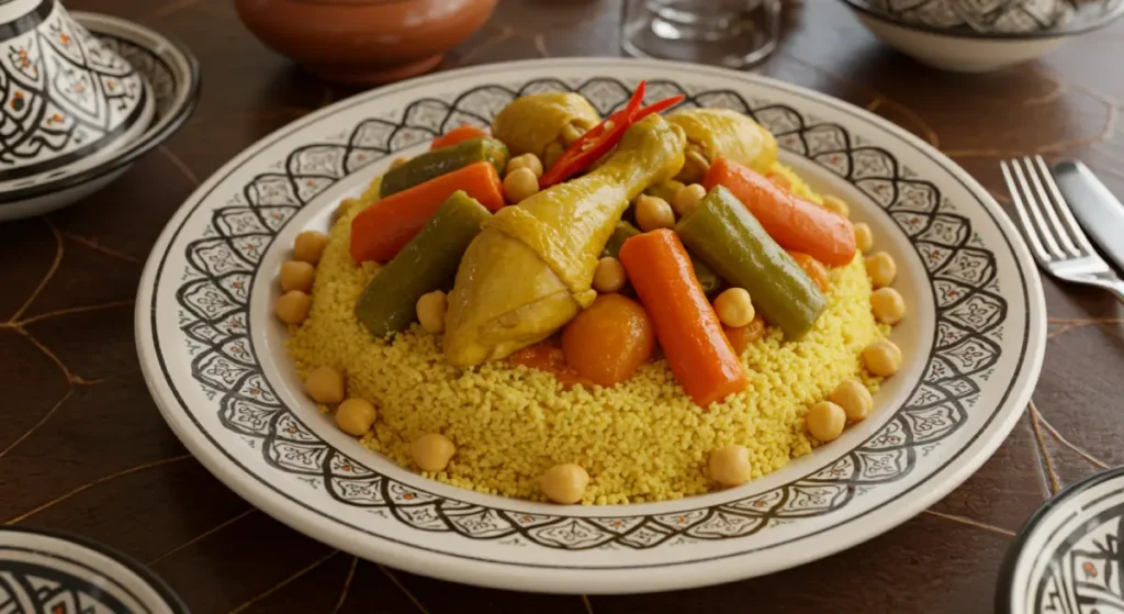 A plated Moroccan couscous dish arranged in a pyramid shape, topped with chicken and vegetables, served with broth on the side.