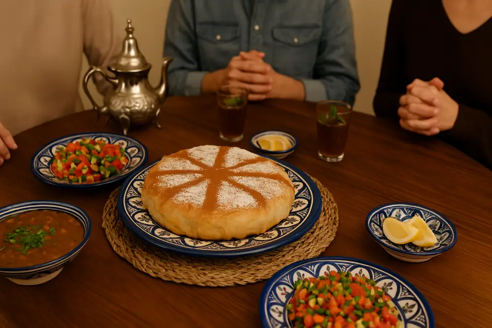A golden Moroccan Bastilla dusted with cinnamon and sugar, served on a blue-and-white plate, surrounded by Moroccan mint tea, harira soup, fresh salad, and lemon wedges on a traditional wooden table.
