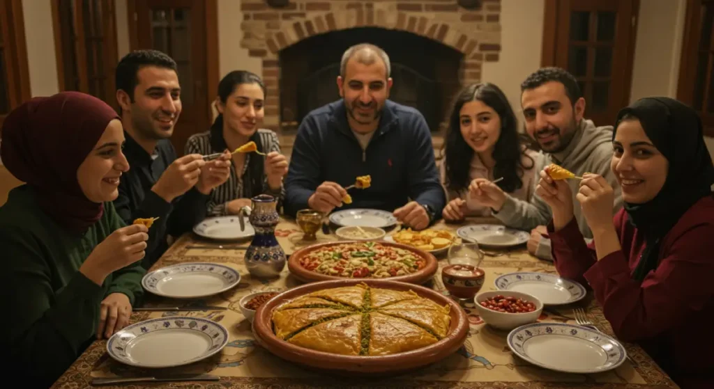 A Moroccan family enjoying a festive meal with Moroccan Bastilla as the centerpiece.