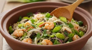 A large bowl of seafood filling mixed with vermicelli, shrimp, calamari, and Moroccan