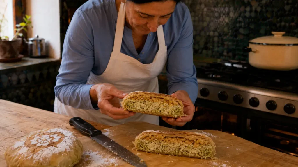 Opened individual Moroccan Bastilla showing the chicken, onion, egg, and almond filling