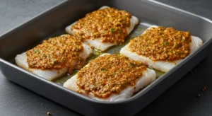 White fish fillets marinated with Moroccan spices and baked for seafood bastilla.