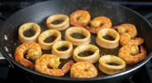 Shrimp and calamari sautéed in Moroccan spices for seafood bastilla.