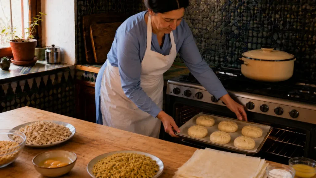 Six individual Moroccan Bastilla being placed in the oven on a baking tray