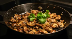 Golden caramelized onions, poireau, and mushrooms cooking for Moroccan bastilla.