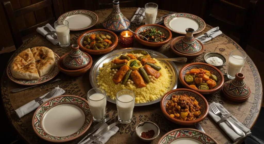 A Moroccan dinner table with a large platter of couscous, surrounded by family and friends enjoying a communal meal.