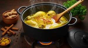 Moroccan Bastilla. Moroccan-style pot with chicken cooking in saffron broth, surrounded by spices.