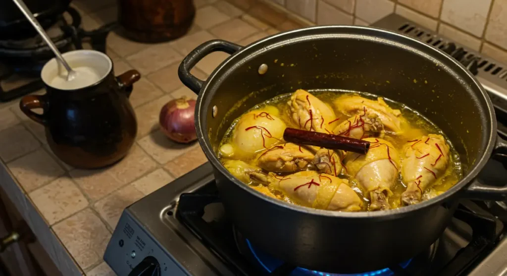 A pot of Moroccan spiced chicken simmering with onions, saffron, and cinnamon on a traditional stove.