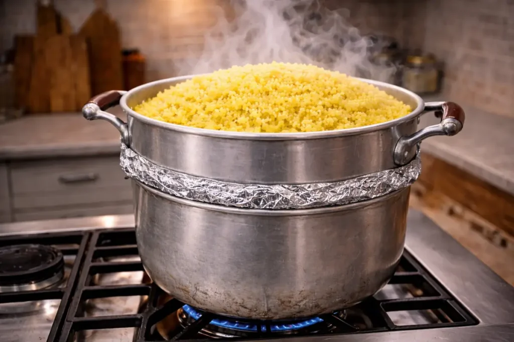 A tall, two-tiered aluminum couscousier on a gas stove, sealed in the middle with aluminum foil, with thick steam rising through soft, fluffy yellow moroccan couscous in the top basket.